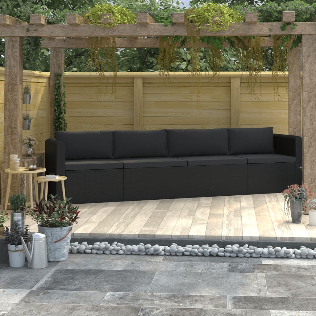 vidaXL 4 Piece Patio Sofa Set with Cushions Poly Rattan Black-0