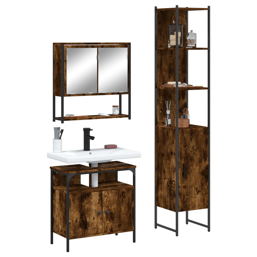 vidaXL 3 Piece Bathroom Furniture Set Smoked Oak Engineered Wood-0