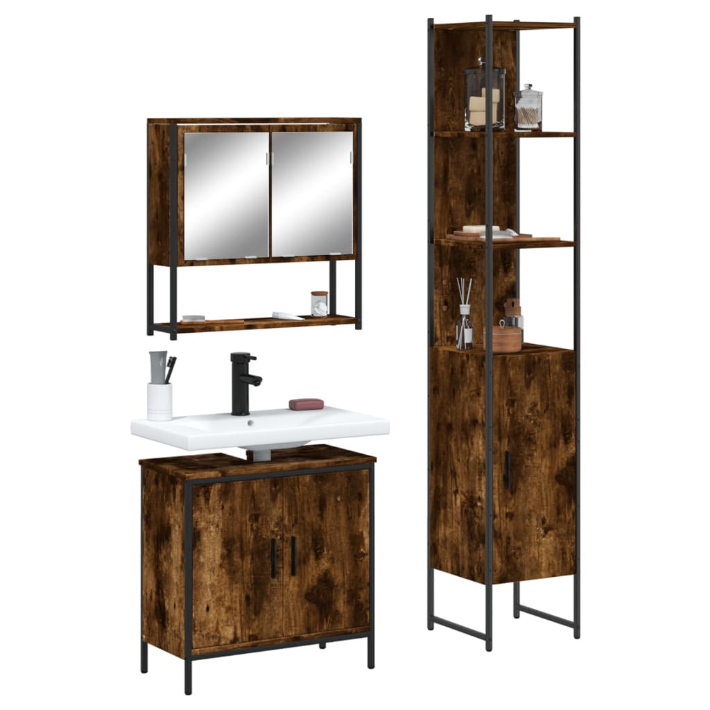 vidaXL 3 Piece Bathroom Furniture Set Smoked Oak Engineered Wood-0