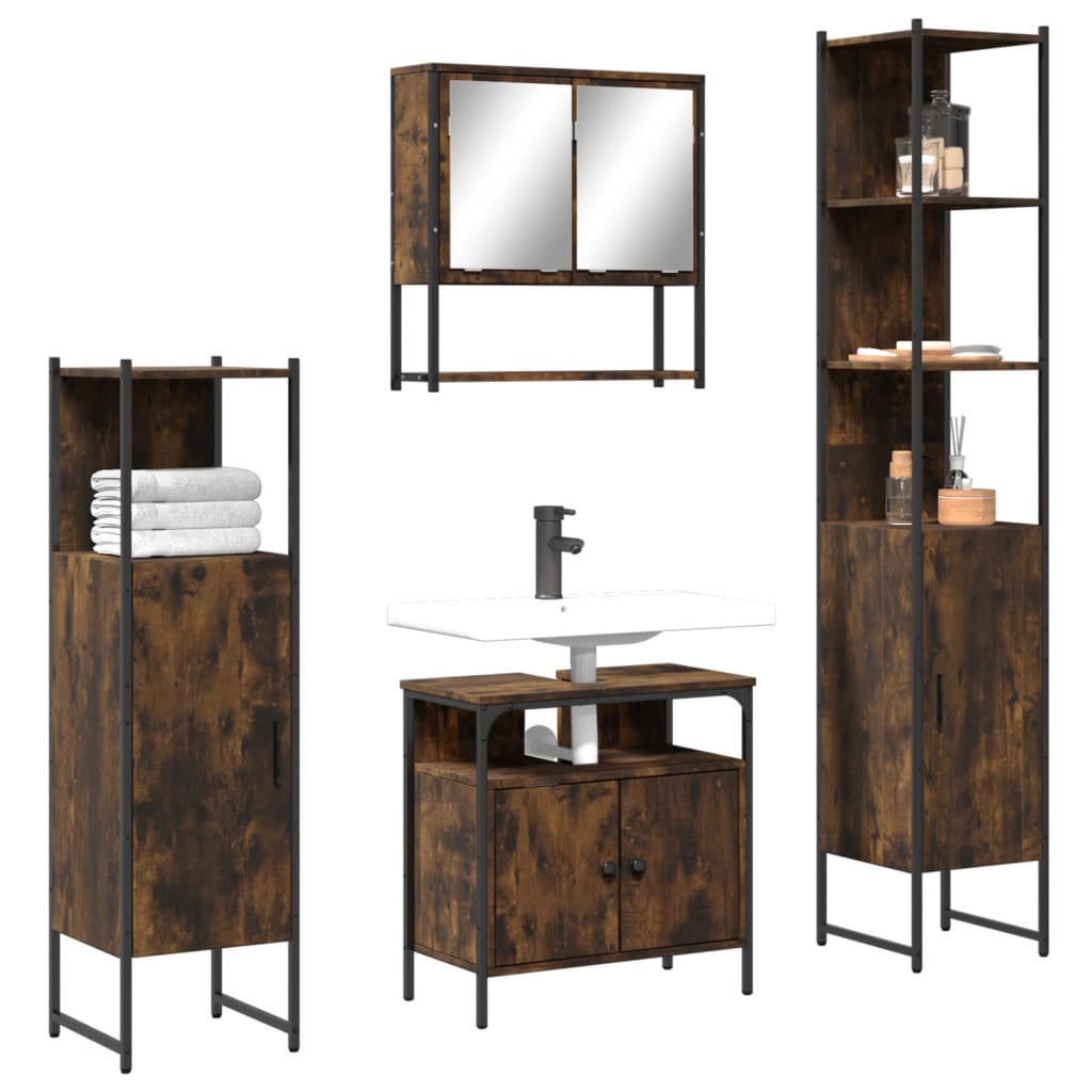 vidaXL 4 Piece Bathroom Furniture Set Smoked Oak Engineered Wood-0