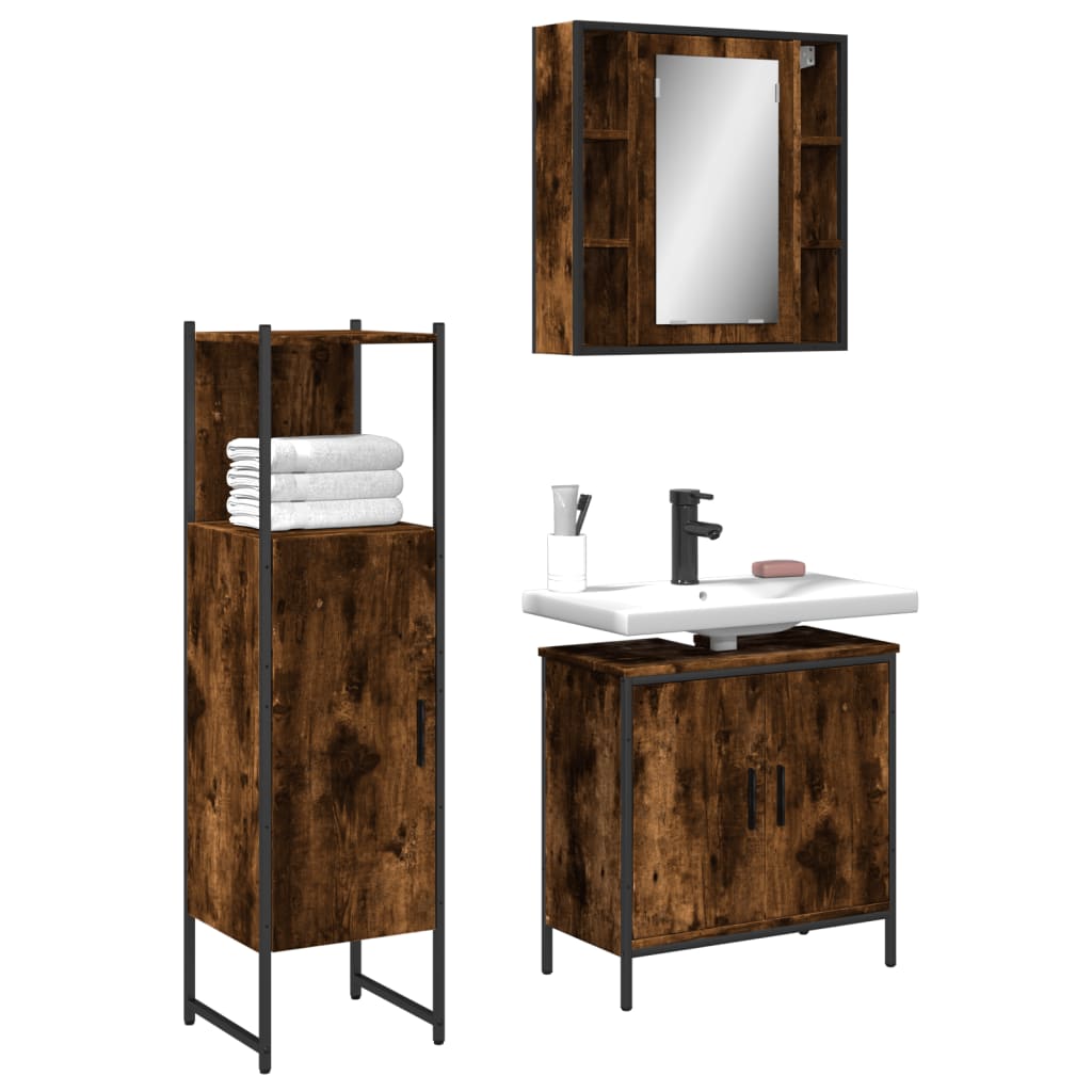 vidaXL 3 Piece Bathroom Cabinet Set Smoked Oak Engineered Wood-0