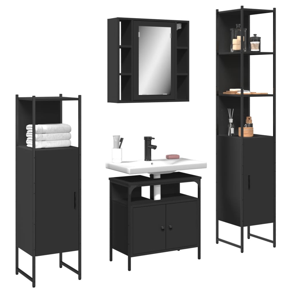 vidaXL 4 Piece Bathroom Cabinet Set Black Engineered Wood-0