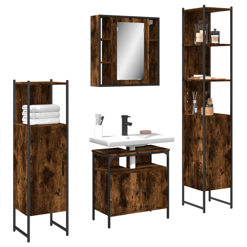 vidaXL 4 Piece Bathroom Cabinet Set Smoked Oak Engineered Wood-0