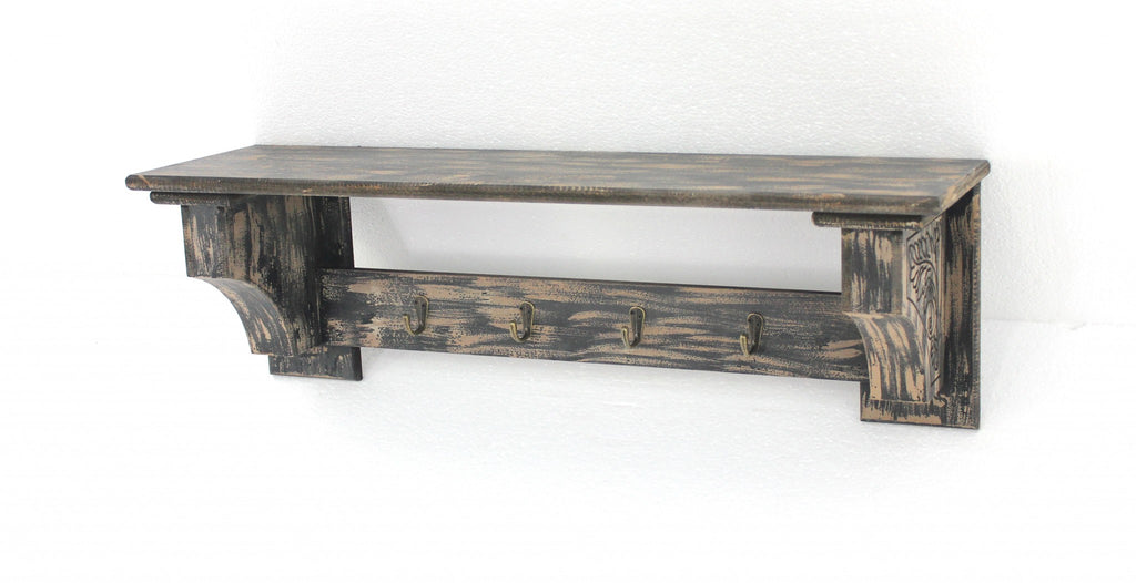 8 X 30 X 9.75 Black Vintage Wooden 4 Metal Hooks - Wall Shelf - 99fab 