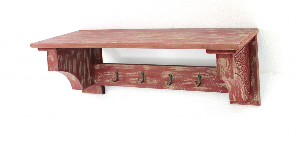 8 X 30 X 9.75 Red Vintage Wooden 4 Metal Hooks - Wall Shelf - 99fab 