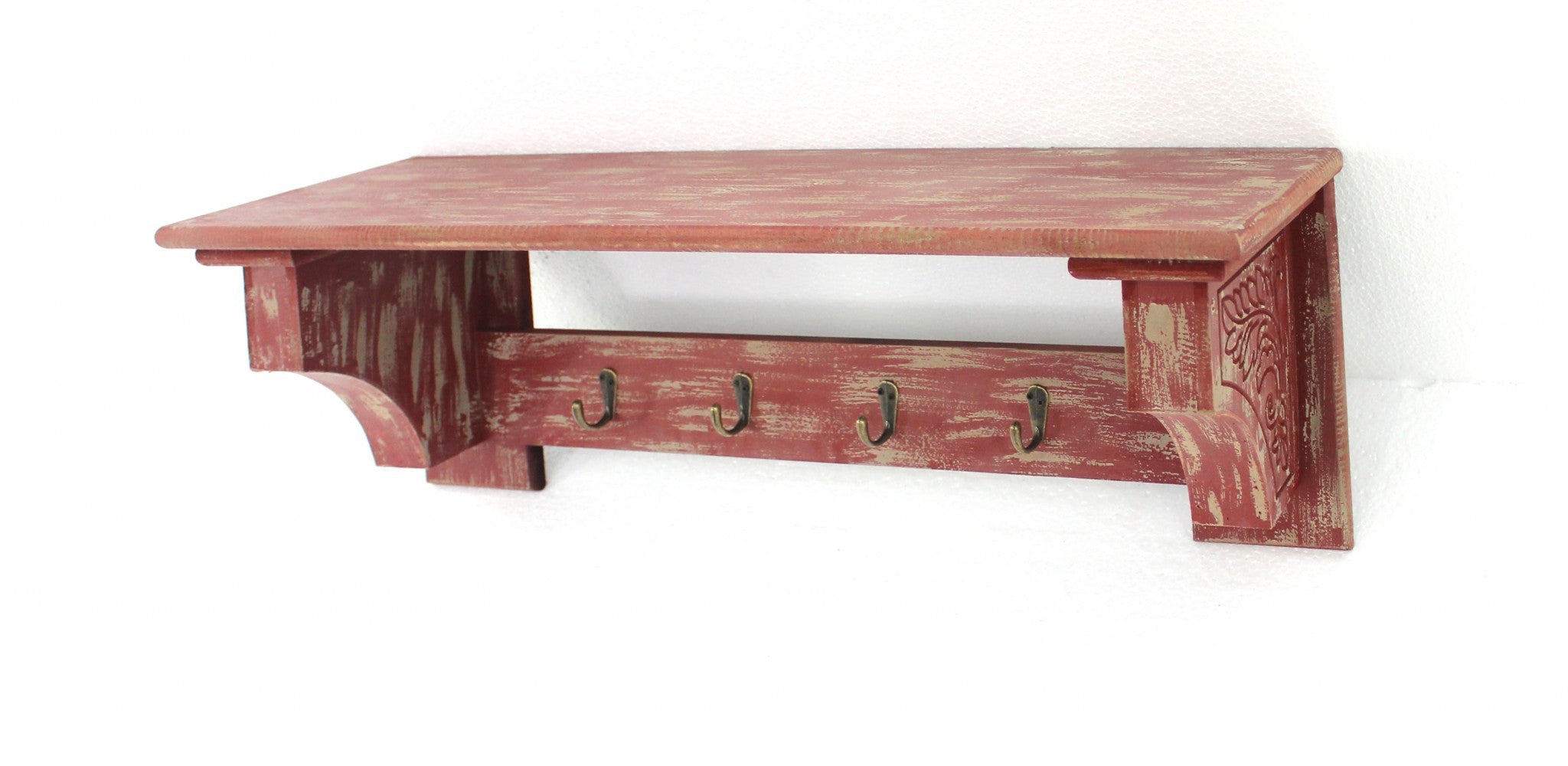 8 X 30 X 9.75 Red Vintage Wooden 4 Metal Hooks - Wall Shelf