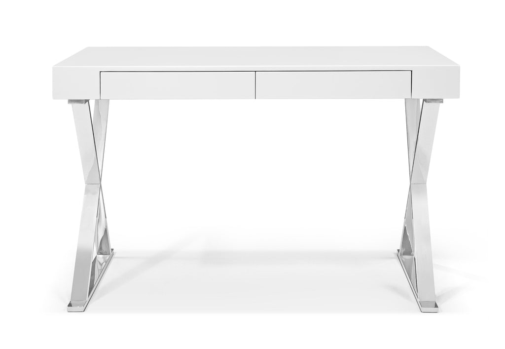 Desk Large High Gloss White Two Drawers Stainless Steel Base - 99fab 