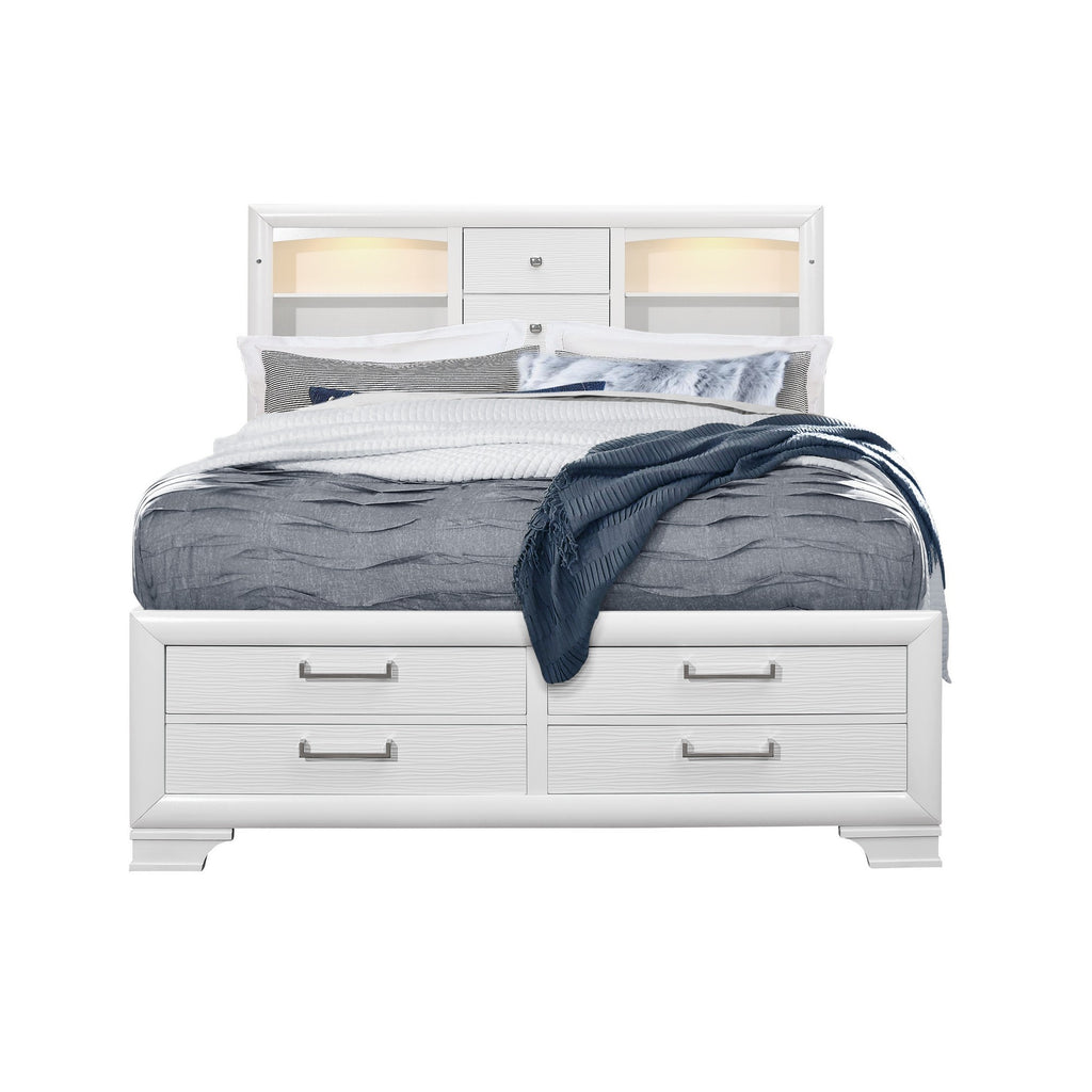 White Rubberwood Full Bed with bookshelves Headboard LED lightning 6 Drawers - 99fab 