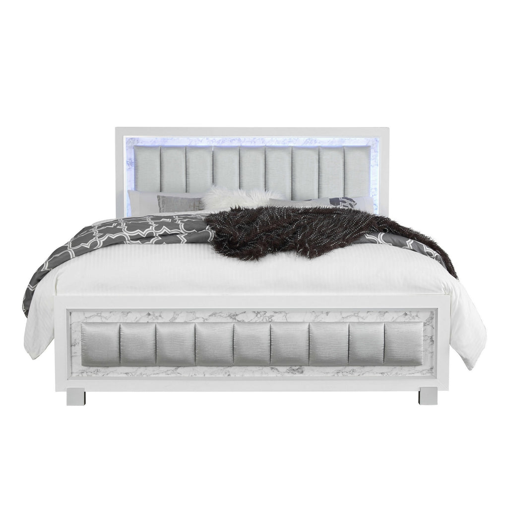 Modern Luxurious White King Bed with Padded Headboard LED Lightning - 99fab 