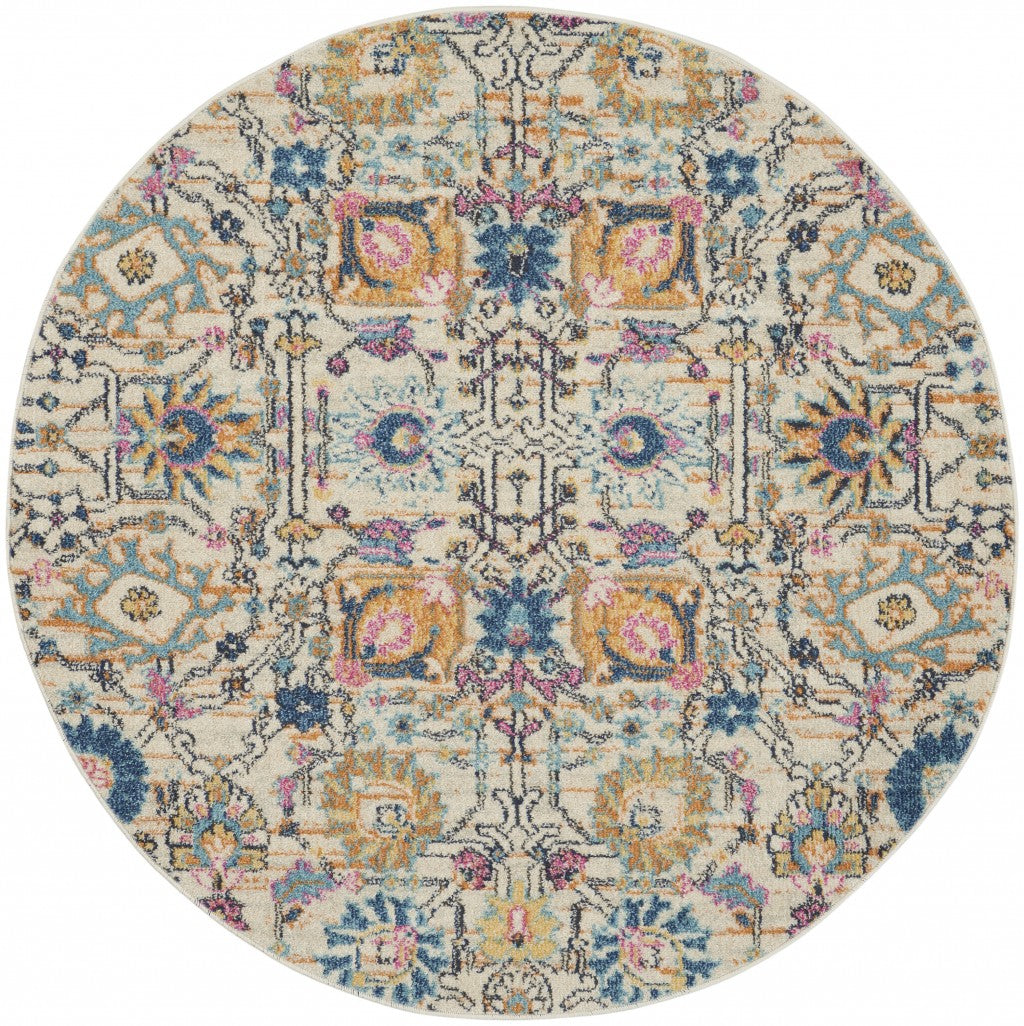 4' Orange And Ivory Round Floral Power Loom Area Rug - 99fab 