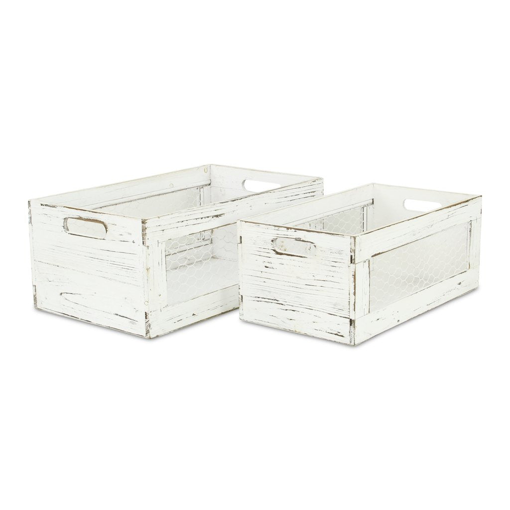 Set of Two Rustic Whitewash Chicken Wire Sides Wooden Crates - 99fab 