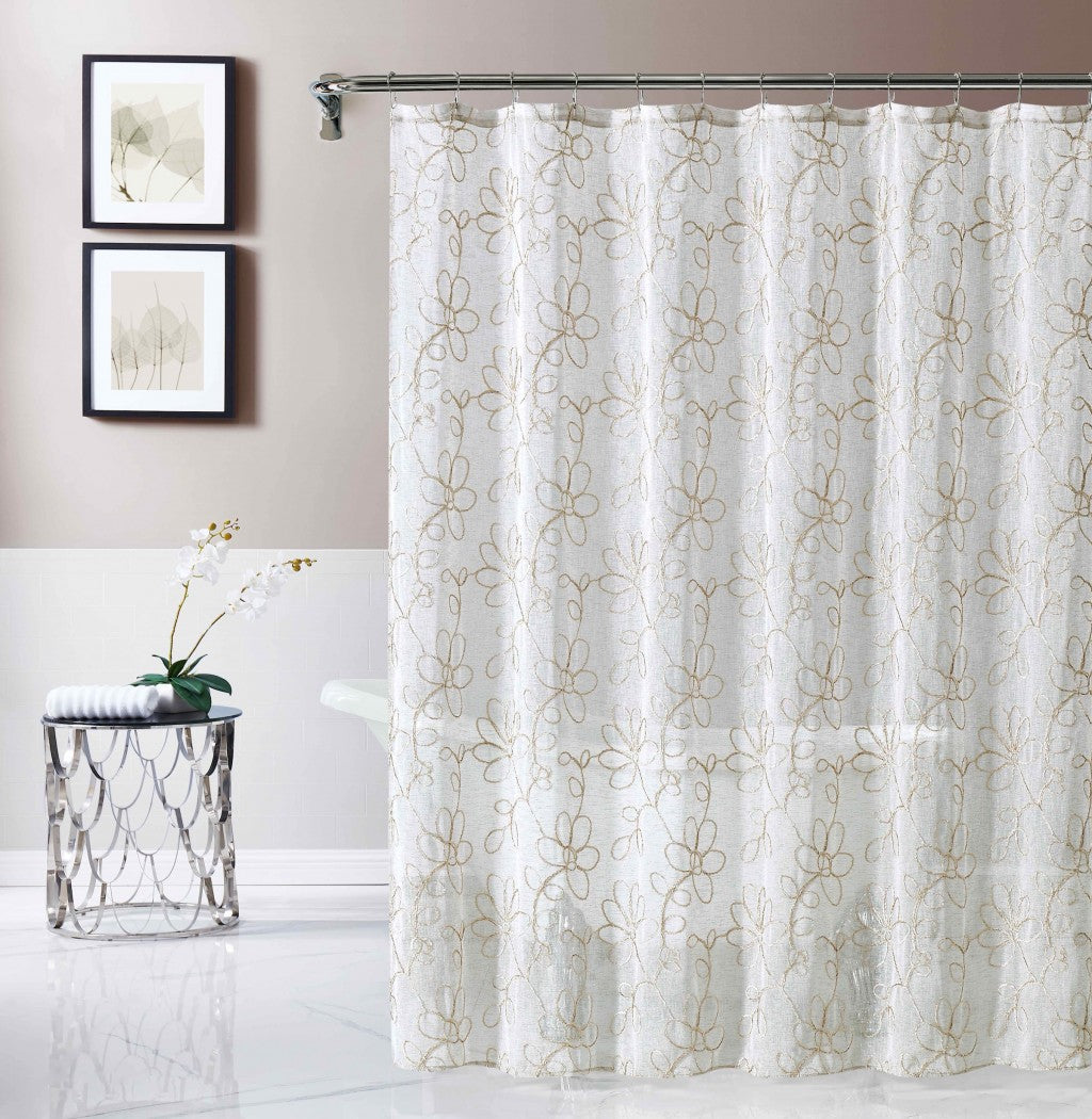 Tan and White Floral Embroider Shower Curtain - 99fab 
