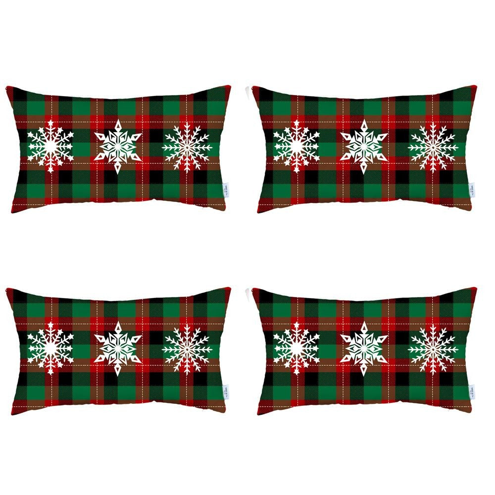 Set of 4 Christmas Snowflake Trio Plaid Lumbar Pillow Covers - 99fab 