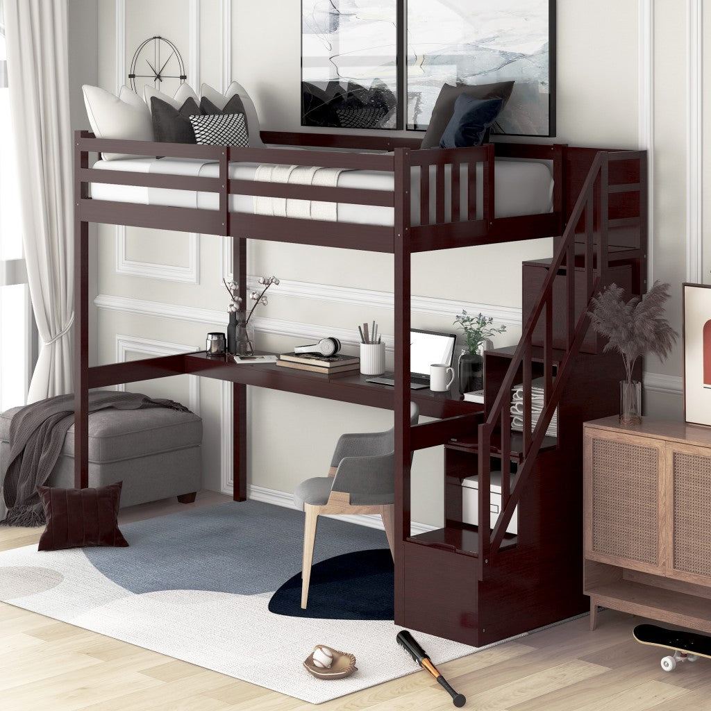 Espresso Twin Size Loft Bed with Built In Desk and Stairway - 99fab 