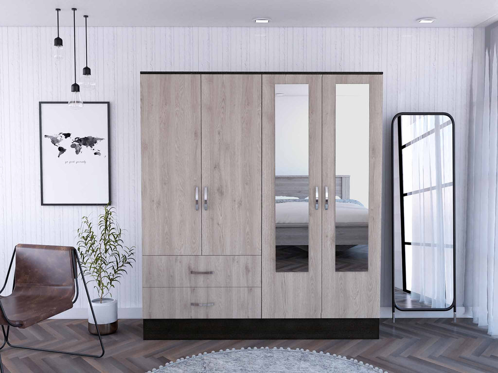 Light Oak and Black Four Door Wardrobe Closet with Mirrors - 99fab 