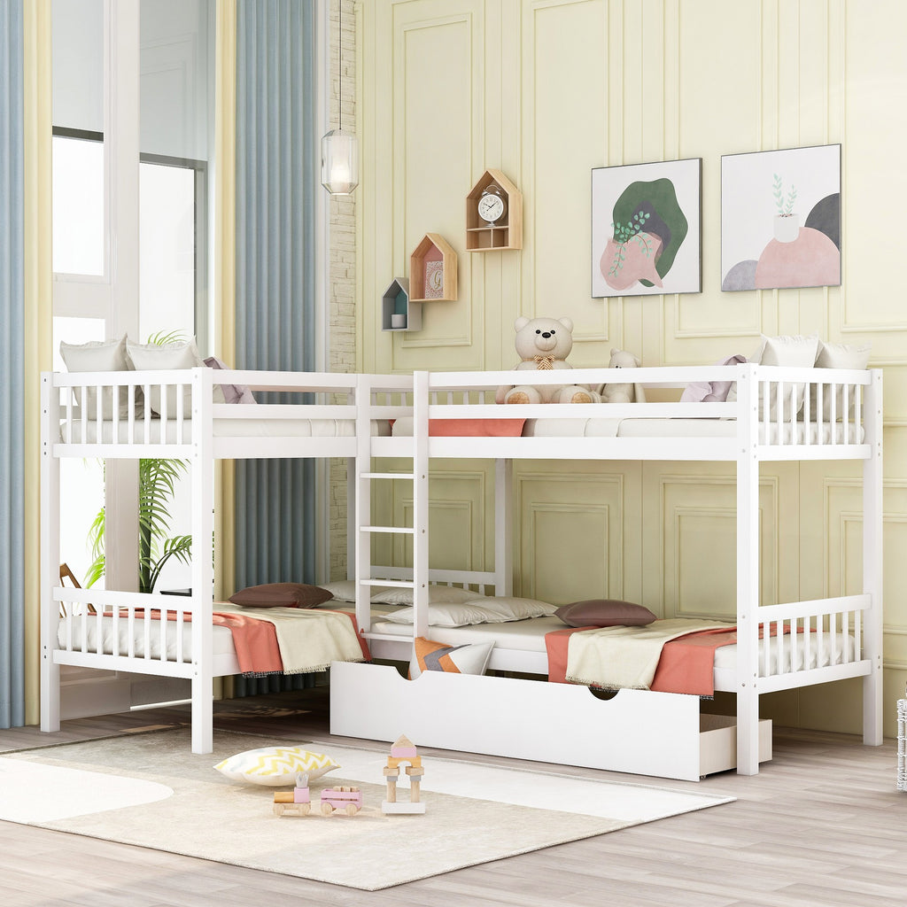 White Twin Size L Shaped Double Bunk Bed with Drawer - 99fab 