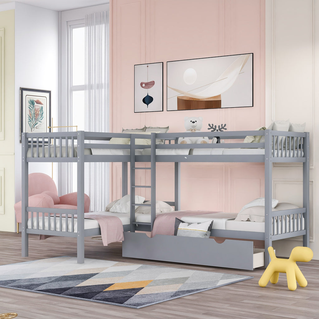 Gray Twin Size L Shaped Double Bunk Bed with Drawer - 99fab 