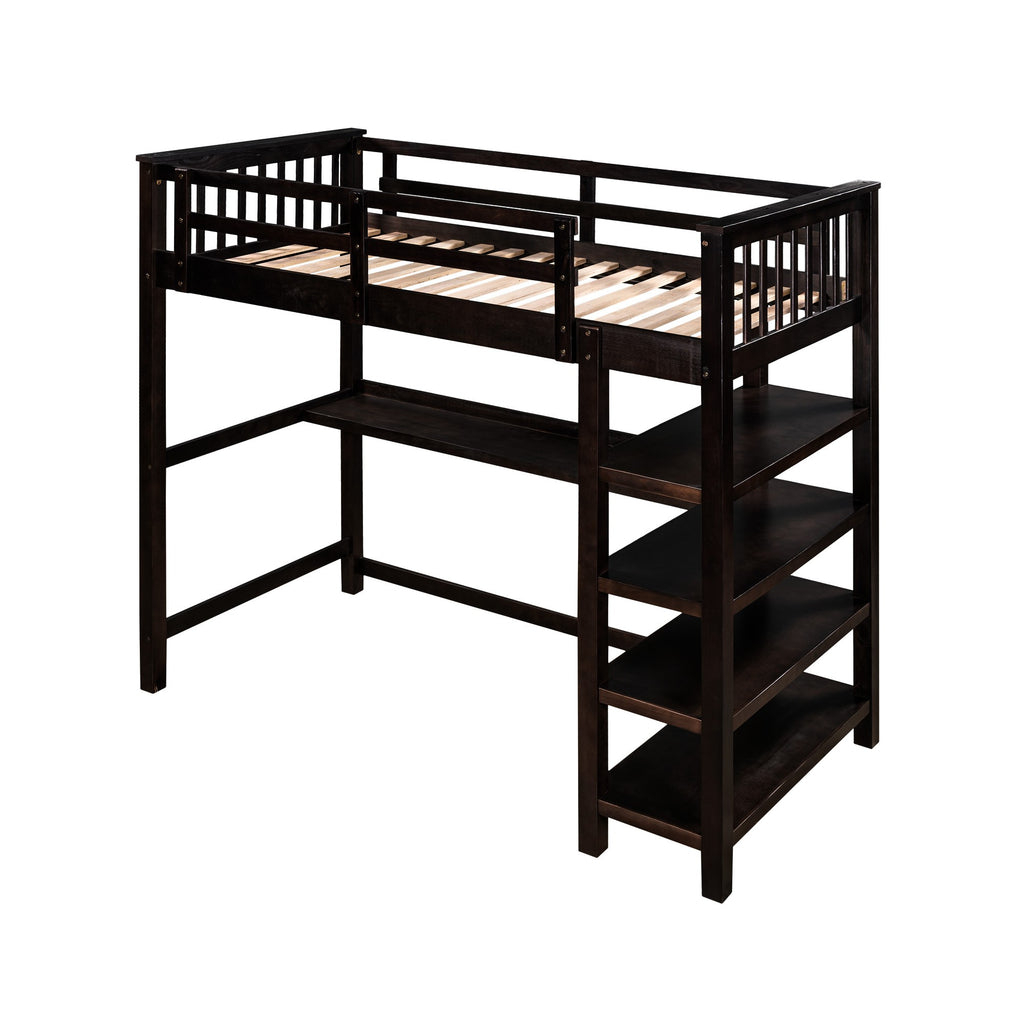 Espresso Twin Size Wood Loft Bed with Storage Shelves and Desk - 99fab 
