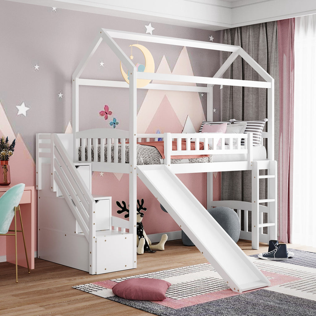 White Twin Size Playhouse Loft Bed With Drawers and Slide - 99fab 