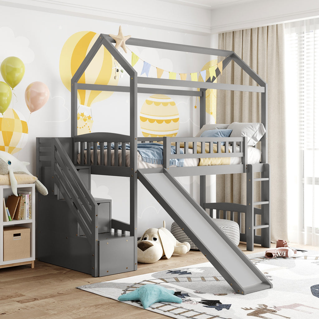 Gray Twin Size Playhouse Loft Bed With Drawers and Slide - 99fab 