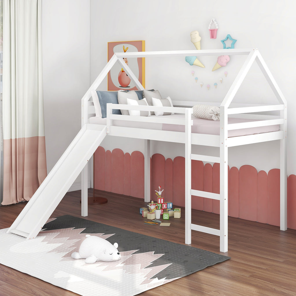 White Twin Size Slide House Loft Bed - 99fab 