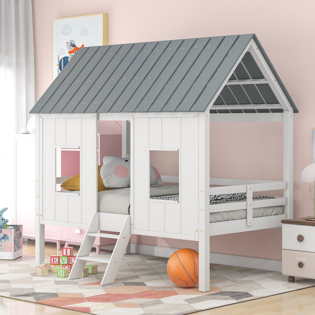 Playhouse with Windows and Roof White Twin Size Low Loft Bed - 99fab 