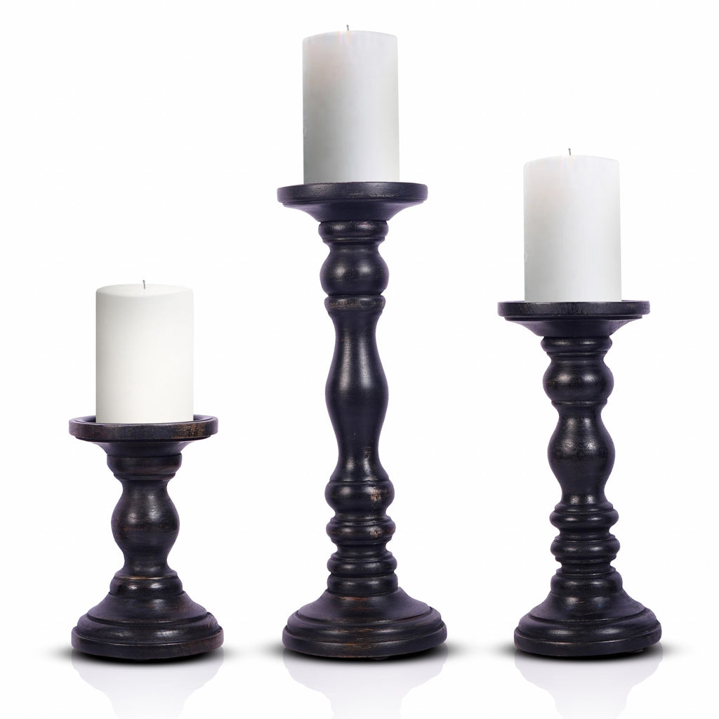 Set of Three Matte Black Genuine Wood Hand Carved Pillar Candle Holders - 99fab 