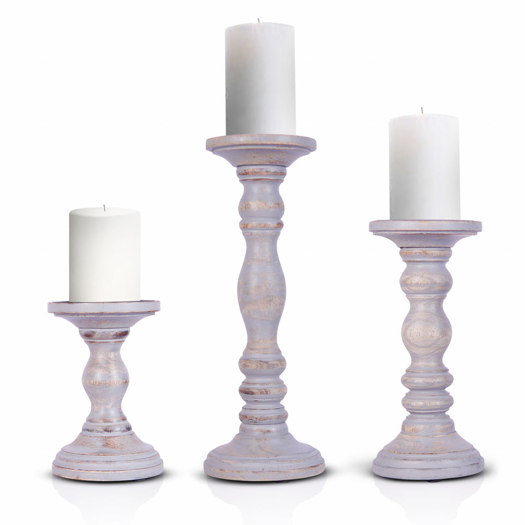 Set of Three Rustic Gray Genuine Wood Hand Carved Pillar Candle Holders - 99fab 