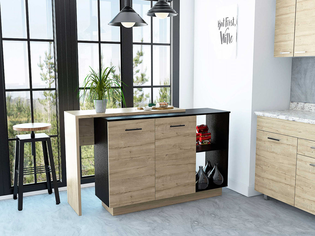 Black and Light Oak Contemporary Kitchen Island with Bar Table - 99fab 