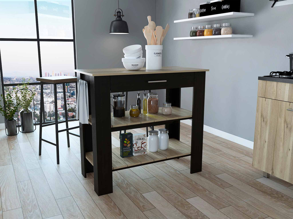 Light Oak and Black Kitchen Island with Drawer and Two Open Shelves - 99fab 