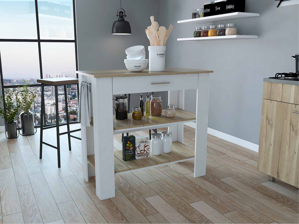 Light Oak and White Kitchen Island with Drawer and Two Open Shelves - 99fab 