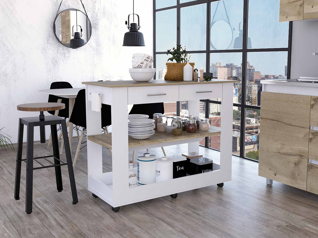 Light Oak and White Kitchen Island with Drawer Shelves and Casters - 99fab 