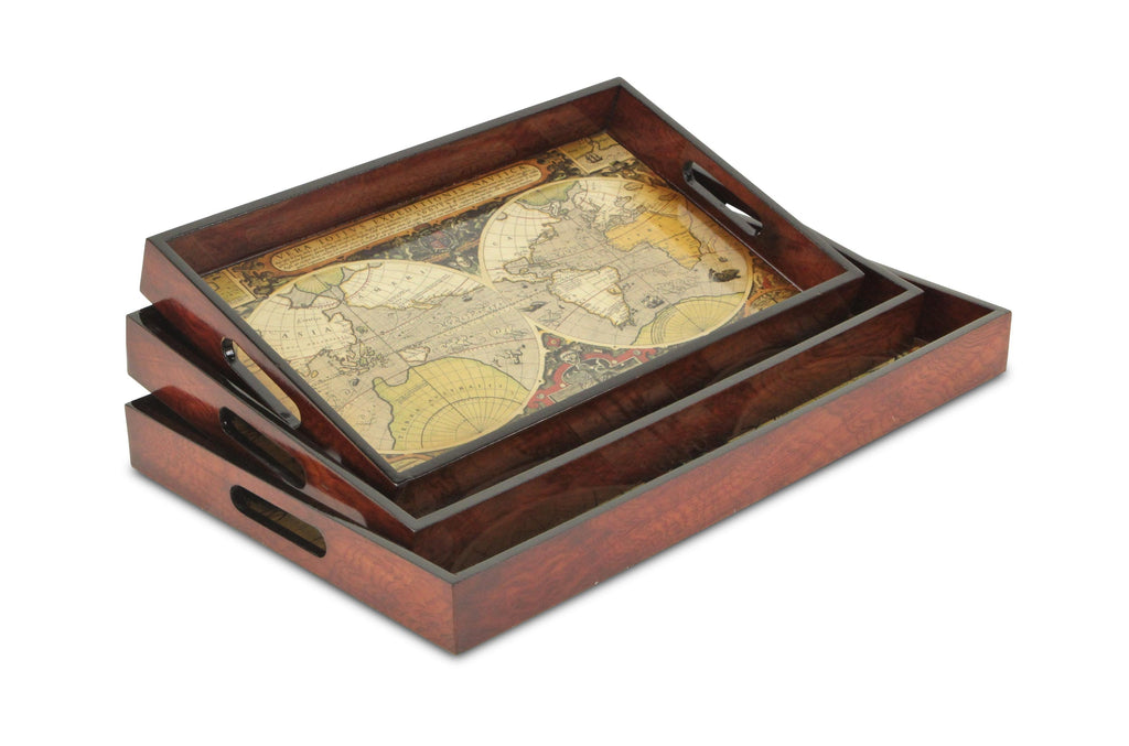 Set of Three Vintage World Map and Wood Veneer Serving Trays - 99fab 
