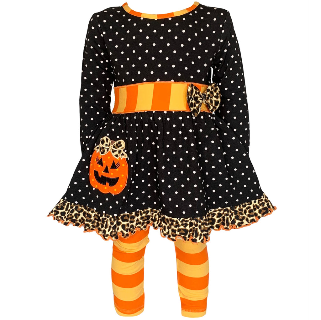 AnnLoren Girls' Halloween Orange Pumpkin Polka Dot Dress & Leggings Outfit-0