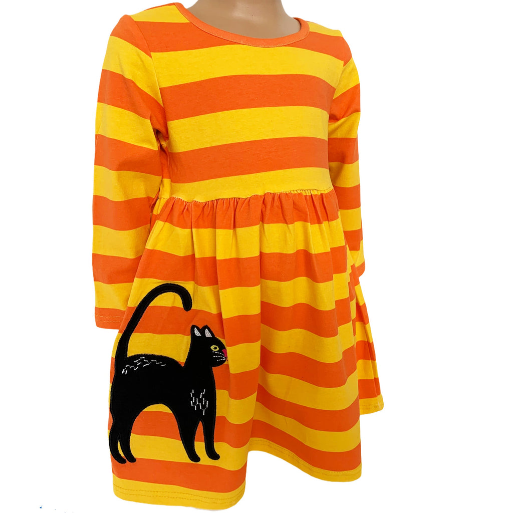 AnnLoren Girls Boutique Black Cat Orange Striped Halloween Dress-0