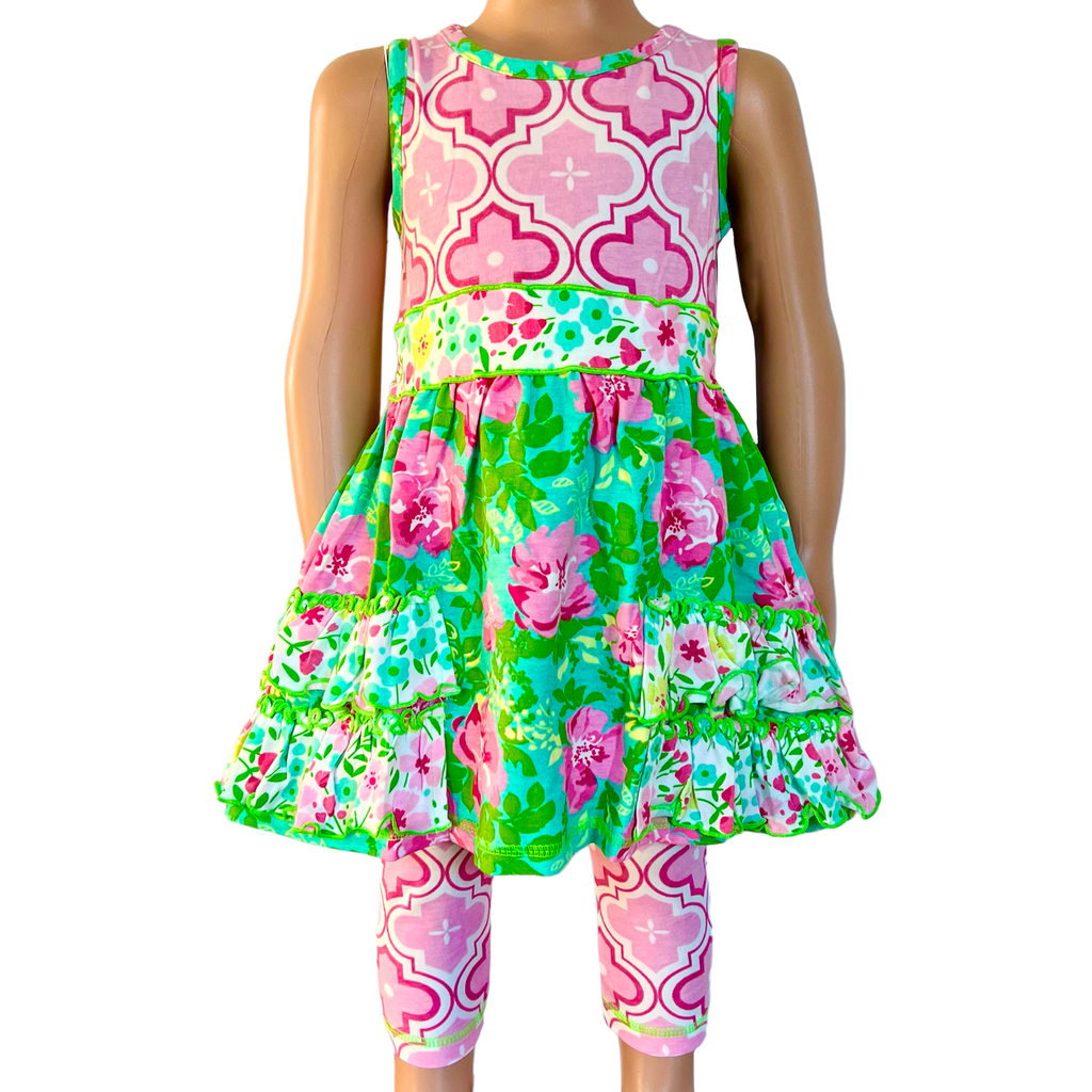 AnnLoren Little Toddler Big Girls' Floral Dress Leggings Boutique Clothing Set Spring Summer-0