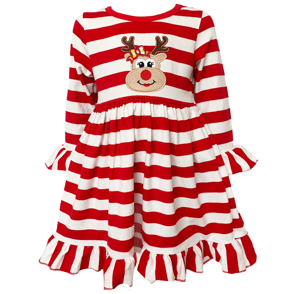 AnnLoren Girls Boutique Red Stripe Christmas Rudolf the Reindeer Swing Dress-0