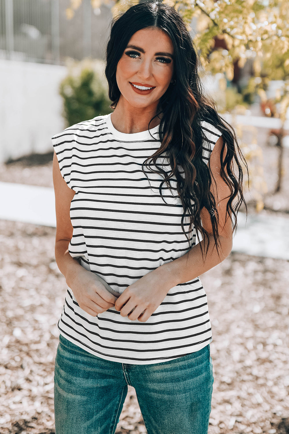Striped Round Neck Capped Sleeve Top - 99fab 