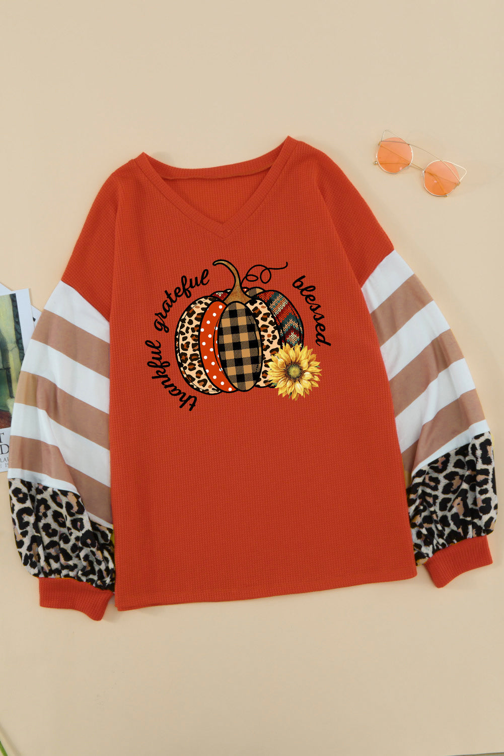 Graphic Striped Leopard Lantern Sleeve Waffle-Knit Top - 99fab 