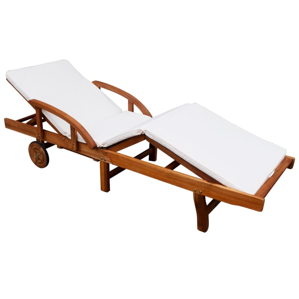 Solid Acacia Wood Sun Lounger with Cushion Sofa Chair Cream/Dark Gray