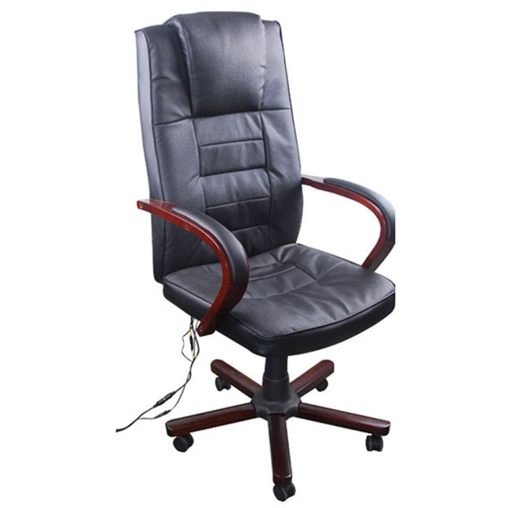 vidaXL Black Office Massage Chair Real Leather Height Adjustable-0