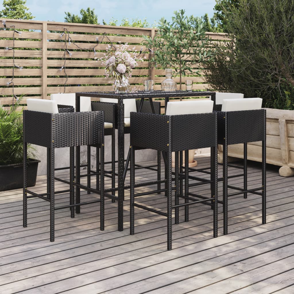 vidaXL Patio Bar Set Outdoor Wicker Table and Stool with Cushions Poly Rattan-0