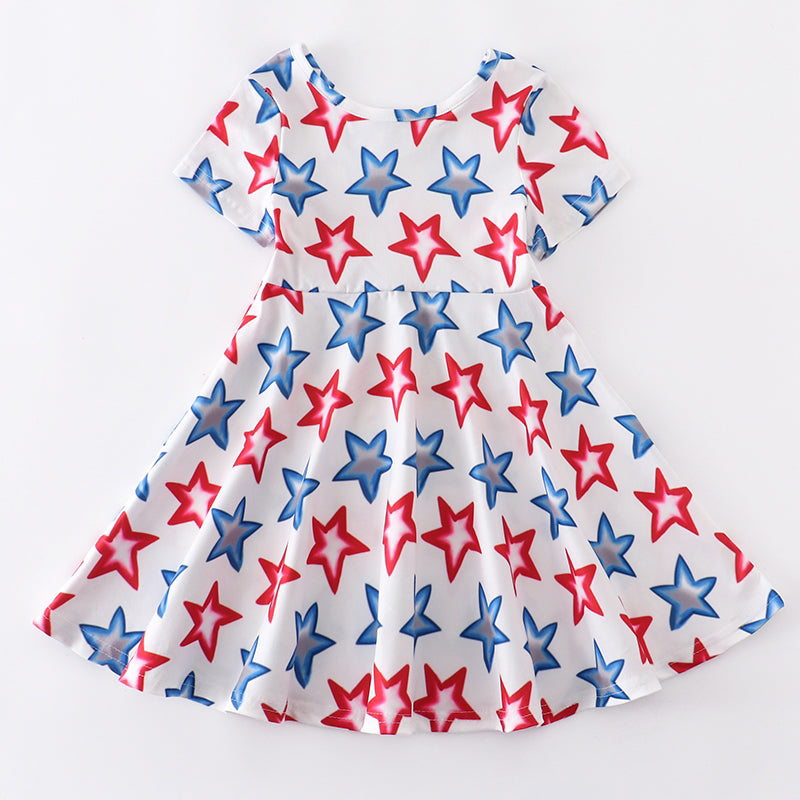 AL Limited Girls 4th of July Patriotic Stars Red White & Blue Short Sleeve Swing Dress - 99fab 