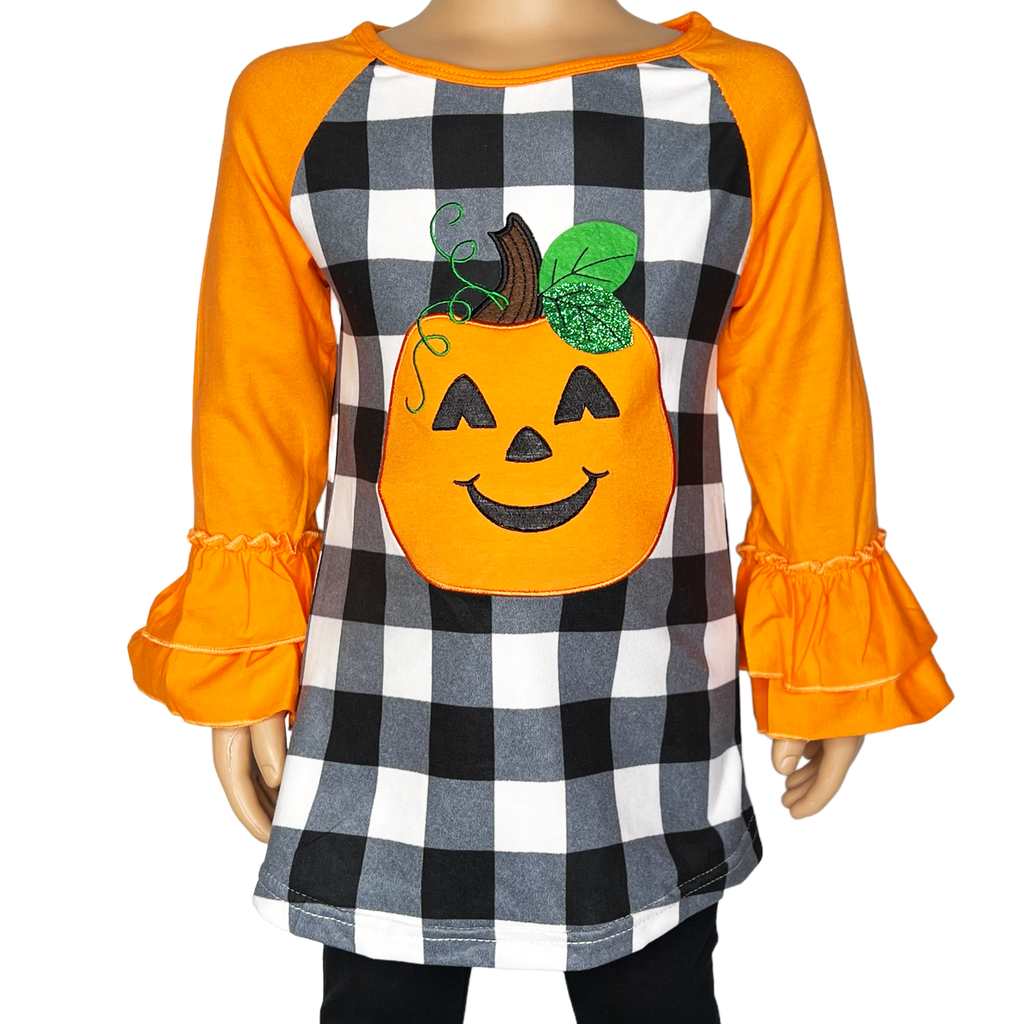 Girls Halloween Autumn Orange Pumpkin Jack O Lantern Top Ruffle Shirt-0
