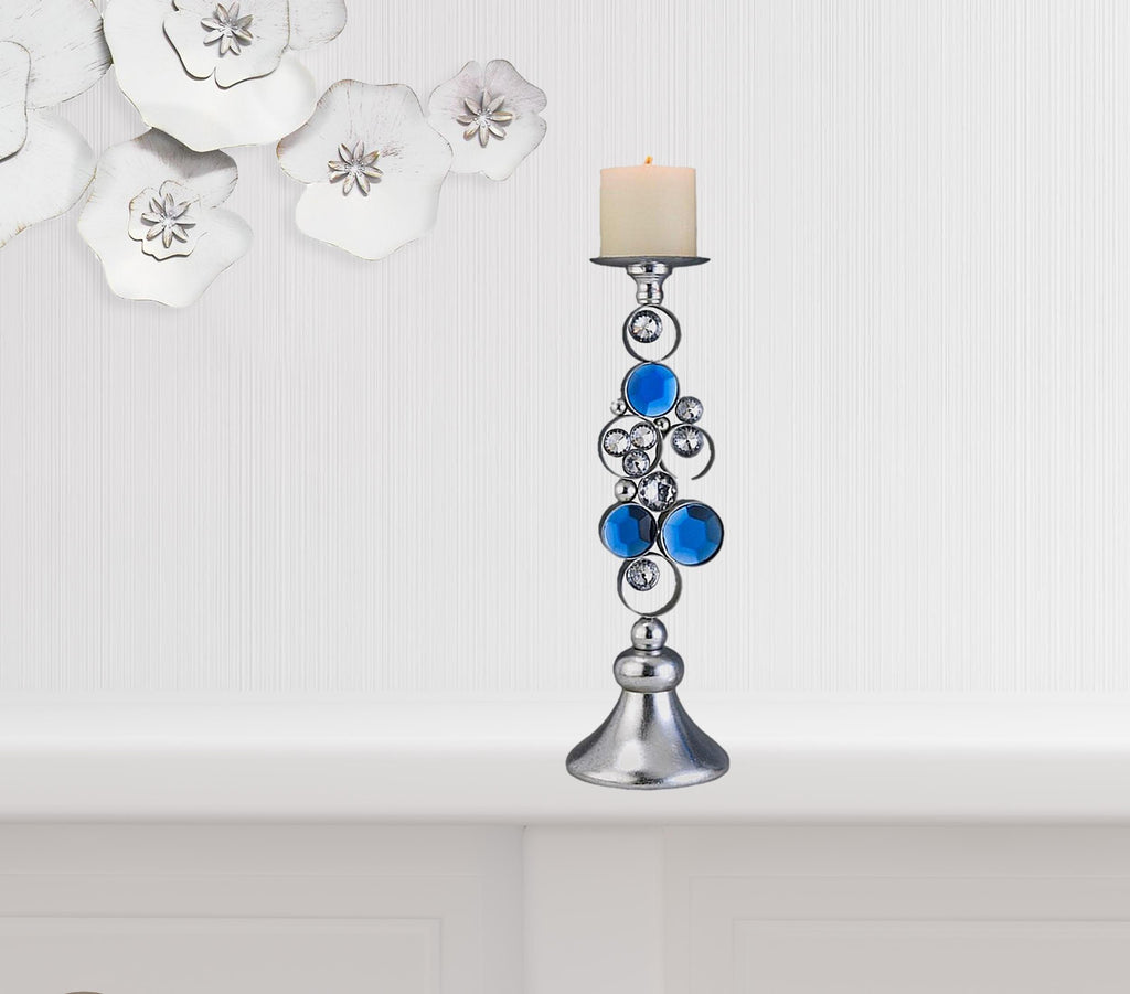 Set Of Two Silver and Blue Bling Tabletop Pillar Candle Holders - 99fab 