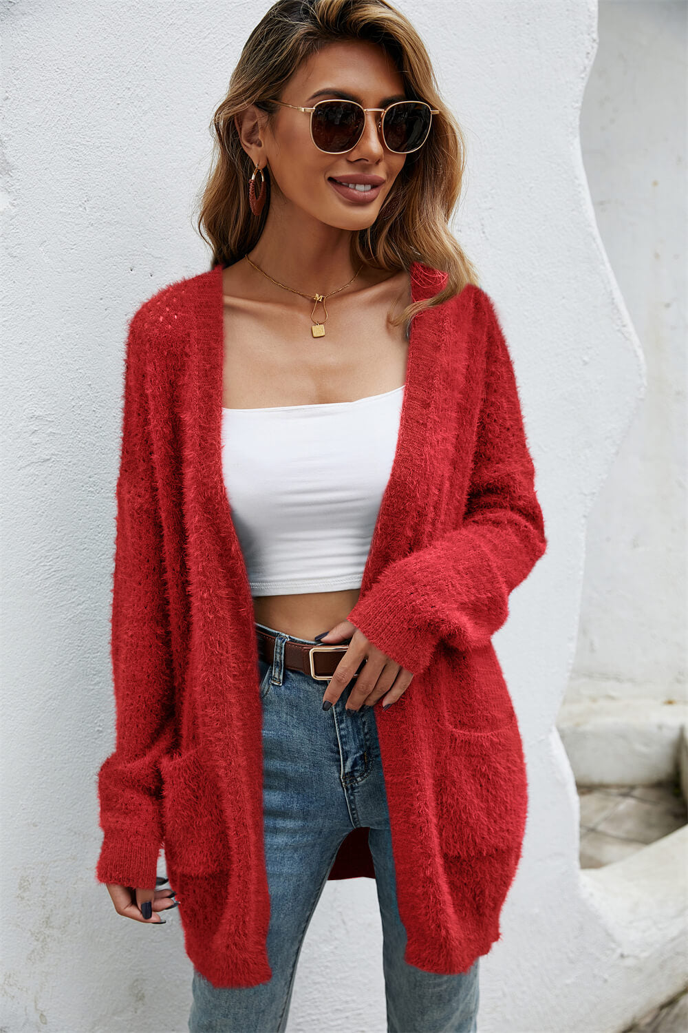 Open Front Openwork Fuzzy Cardigan with Pockets - 99fab 