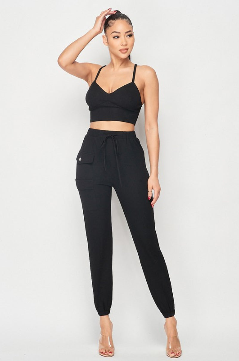 Ribbed Cropped Cami And Joggers Set - 99fab 