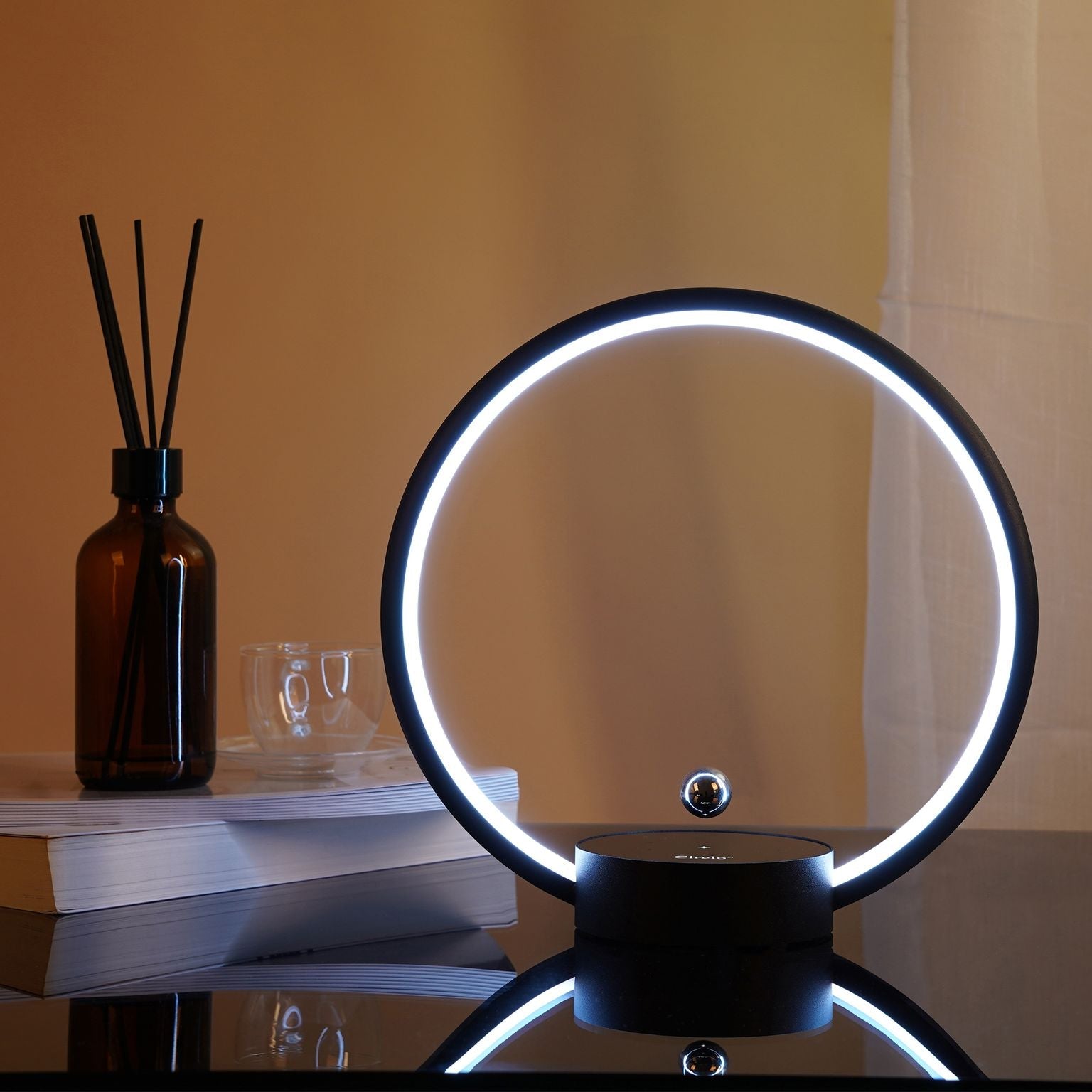Modern Circle Table Lamp in Aluminum alloy with Dimmable Touch Control for Reading, Bedroom & Office, Black, Wood & White