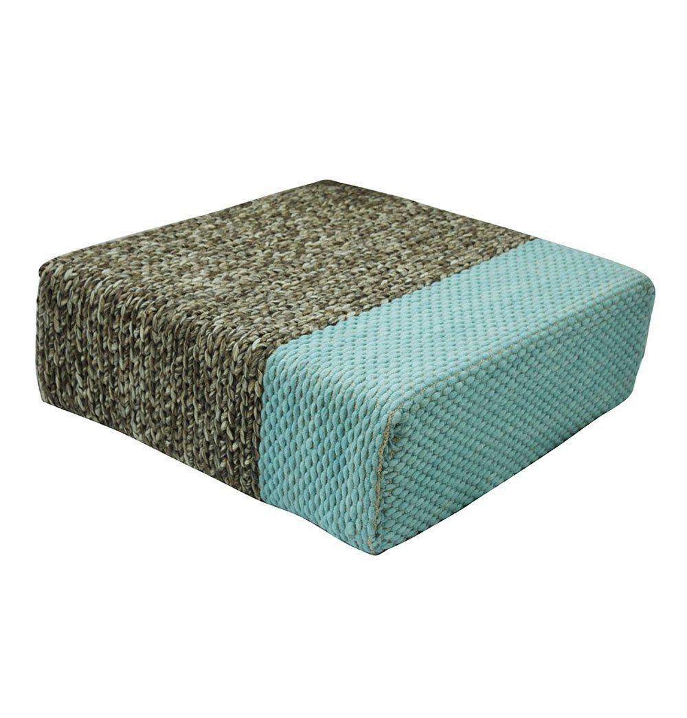 Ira - Handmade Wool Braided Square Pouf | Natural/Pastel Turquoise | 90x90x30cm - 99fab 