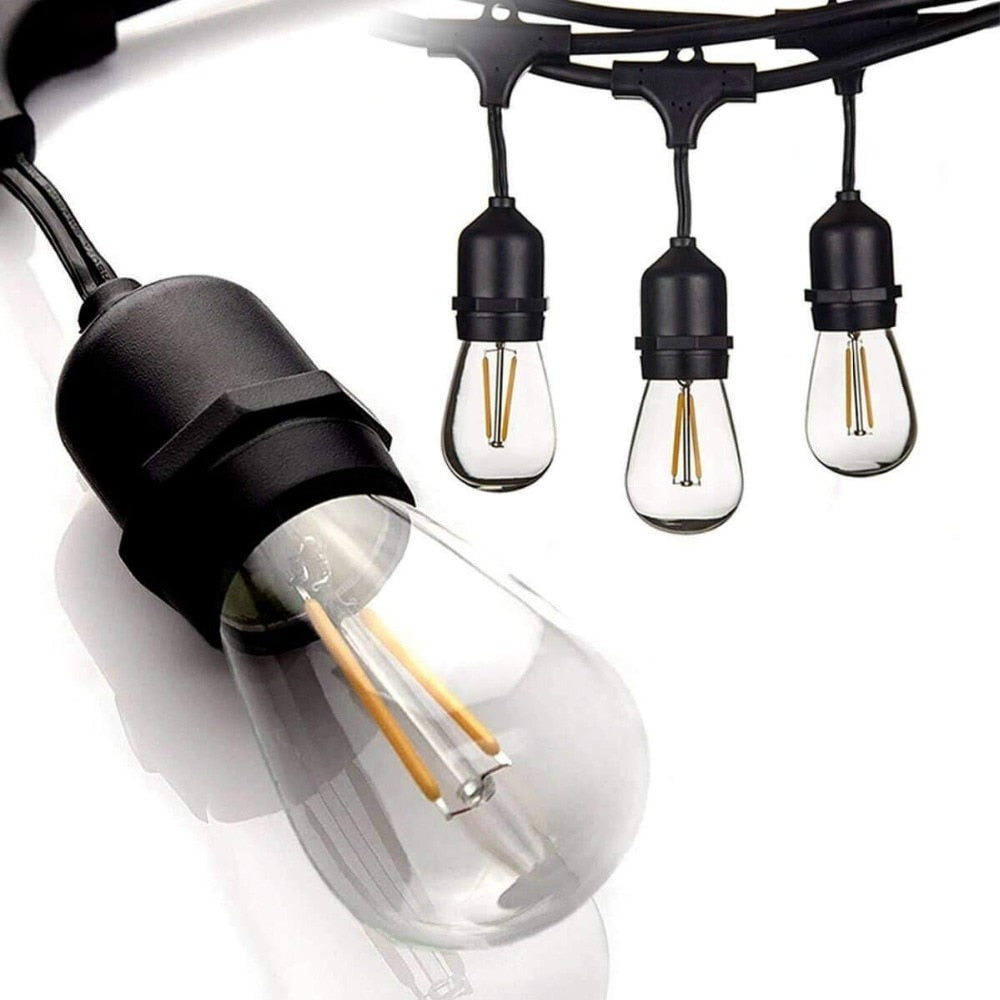 IP65 15M LED S14 String Lights Waterproof E27 Warm LED Retro Edison Filament Bulb